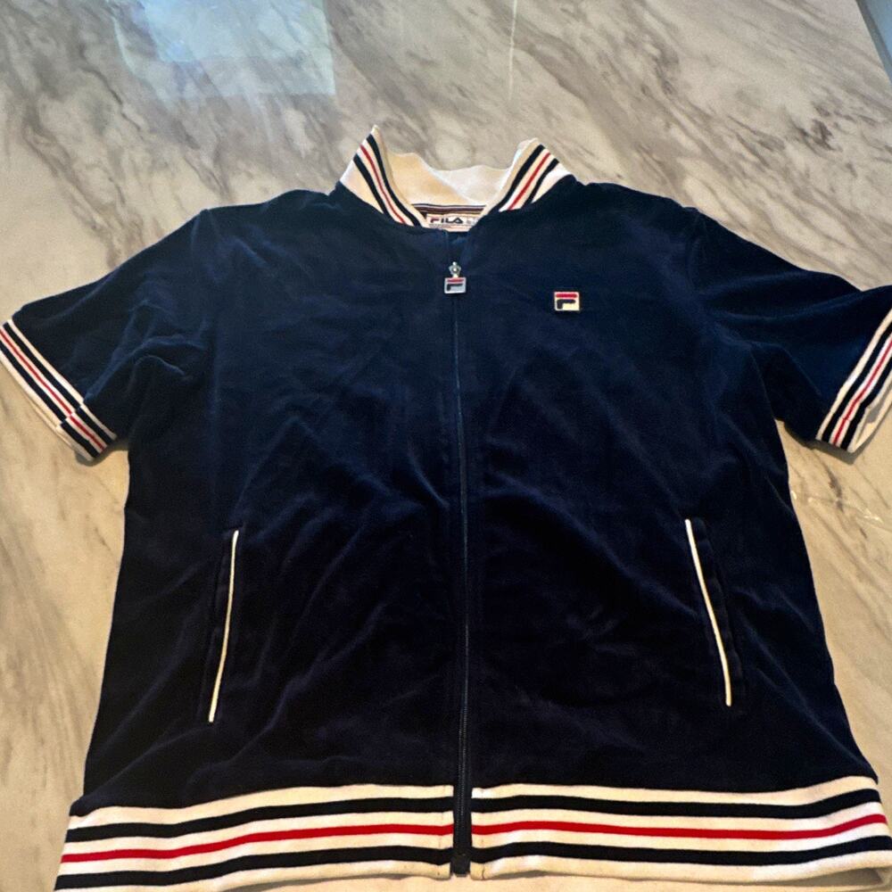 VINTAGE FILA Men's L Navy Blue Velour Track Jacket full zip 0185